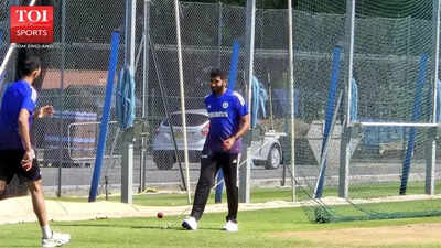 Jasprit Bumrah practices bowling in the nets.